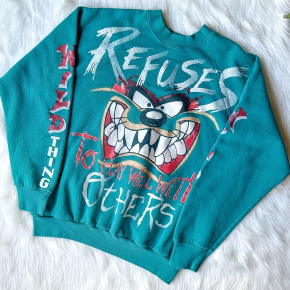 Vintage Taz Refuses To Play Well With Others Wild Thing Sweatshirt M 1995 Teal